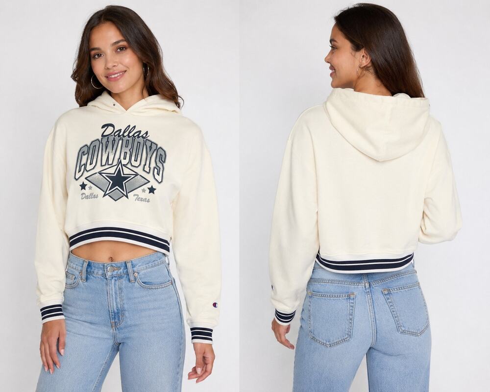 Champion Dallas Cowboys Cropped Hoodie Sweatshirt Cream Small NWT